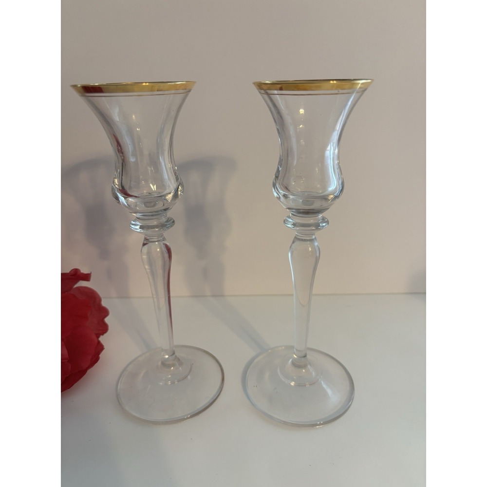 2 Mikasa Jamestown Gold Rimmed Crystal Candle Holders 7.75" Tall
